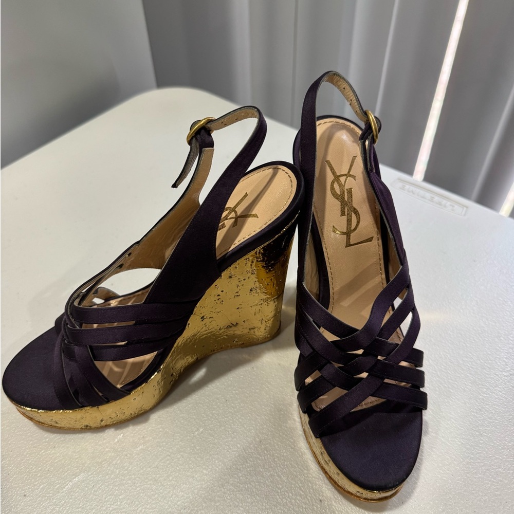 Yves Saint Laurent Dark Purple and Gold Wedges